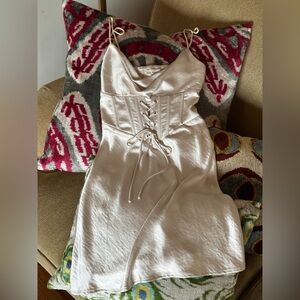 UO Kiss the Sky Elegant Cream Satin Lace-Up Corset Dress